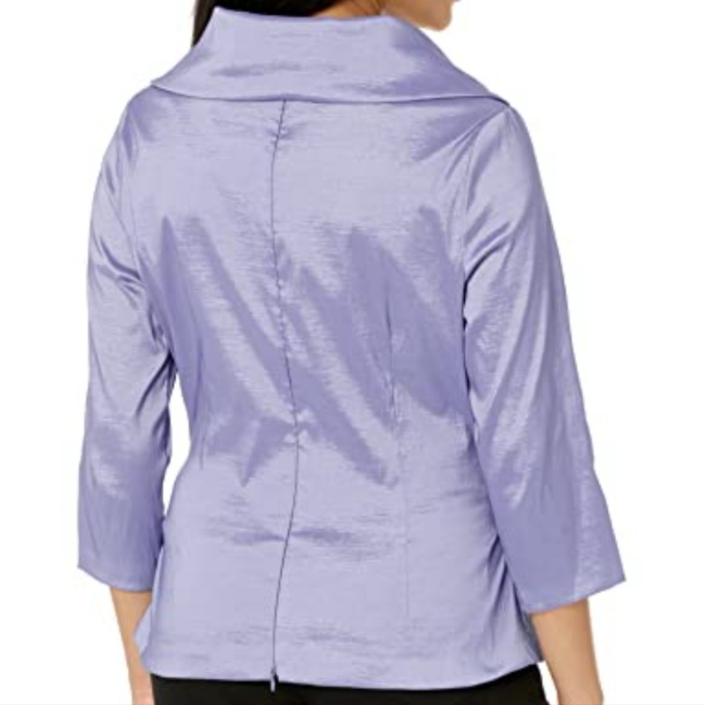 Alex Evenings Petite Size taffet Shawl V-Neck Collar 3/4 Sleeve Tie Waist Blouse - Picture 2 of 10